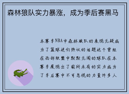 森林狼队实力暴涨，成为季后赛黑马